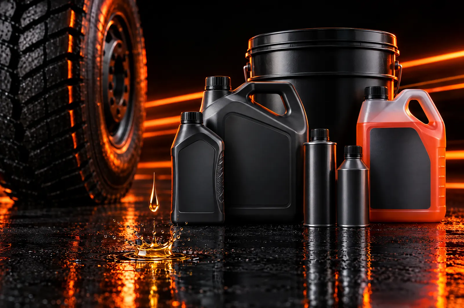 Envases de aceite para motor, aditivos y anticongelante junto a una llanta, con luz naranja